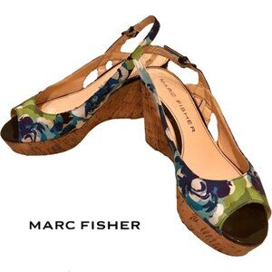 Marc Fisher satin Floral Wedge, Sz 7 1/2